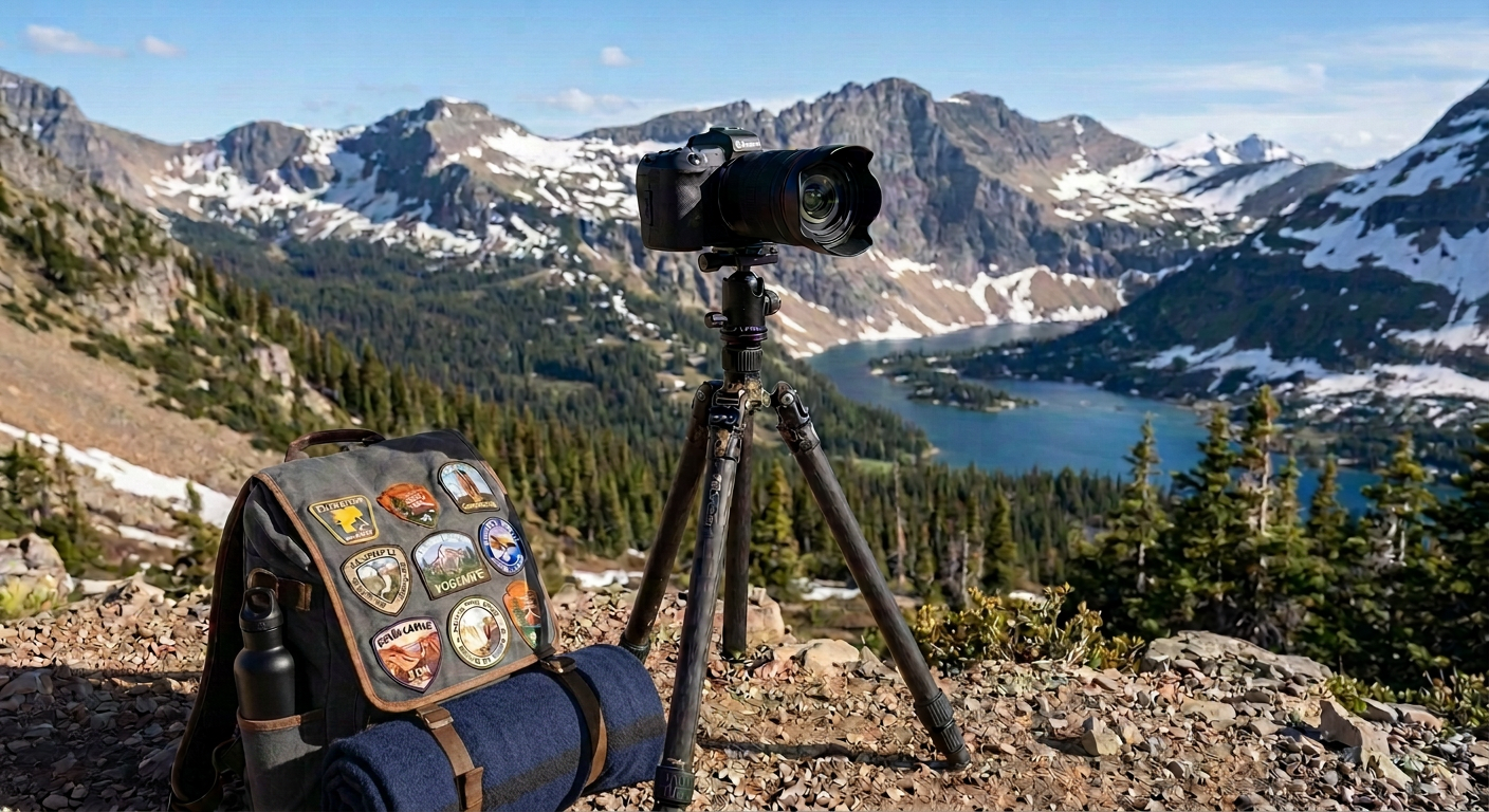 Camera on tripod with hikers and snow-covered mountains in background